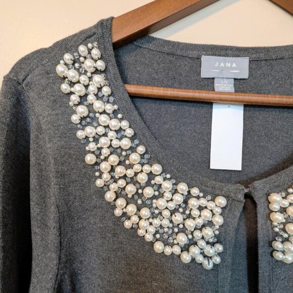 NWT Jana Women's Gray Cardigan with Beads and Pearls Accent - Picture 4 of 6